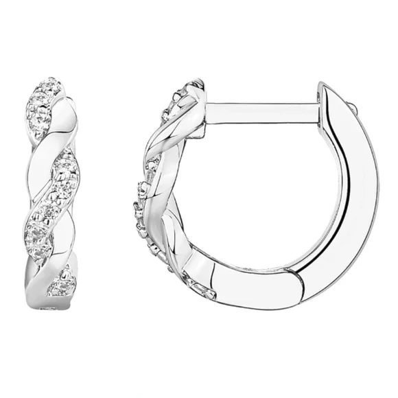 14K White Gold Plated Cubic Zirconia Huggie Hoop Twisted Earrings - Picture 5 of 5